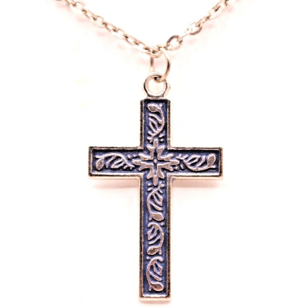Embossed Blue Enamel Cross Pendant Necklace Silver Tone Chain Jewelry Religious